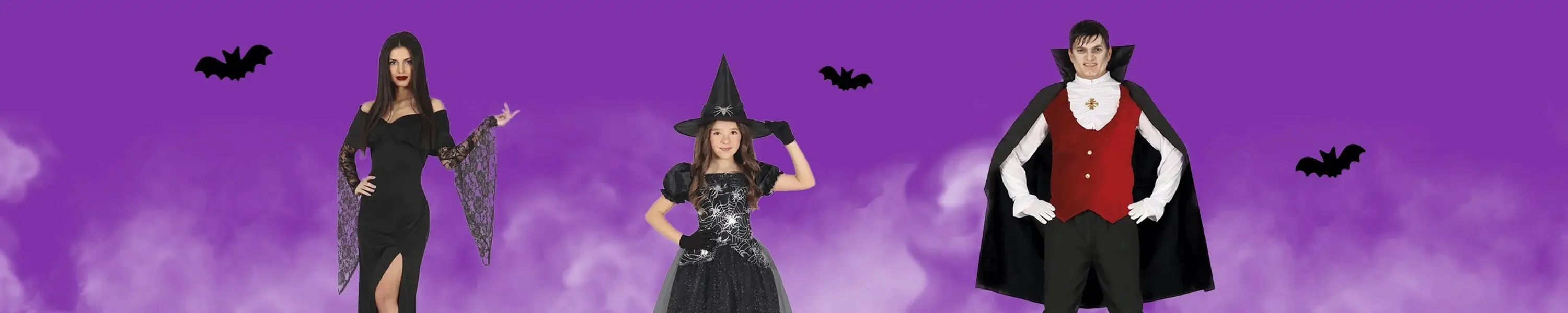 Three people in Halloween costumes pose against a purple backdrop with bats and fog, dressed as a gothic figure, a witch, and a vampire.