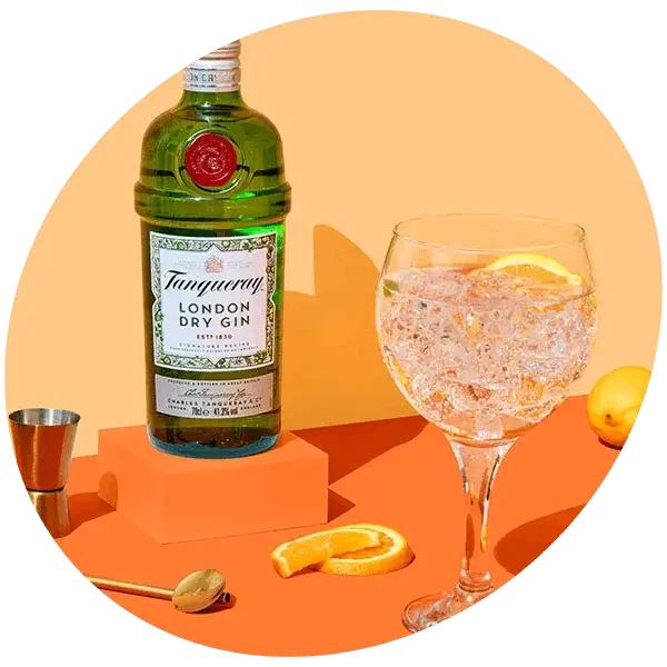 Bottle of gin and a gin and tonic served with citrus garnish, displayed on an orange tabletop with bar accessories and fresh fruit.