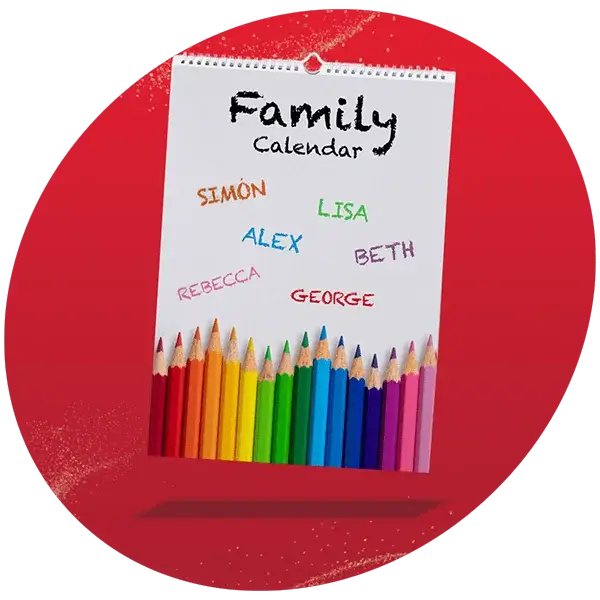 Family calendar with colorful names and pencils displayed on a red background. Family calendar with colorful names and pencils displayed on a red background.