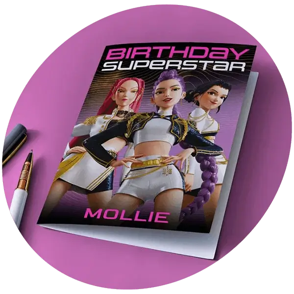Birthday card featuring stylised pop star characters with Birthday Superstar and the name Mollie on a purple background