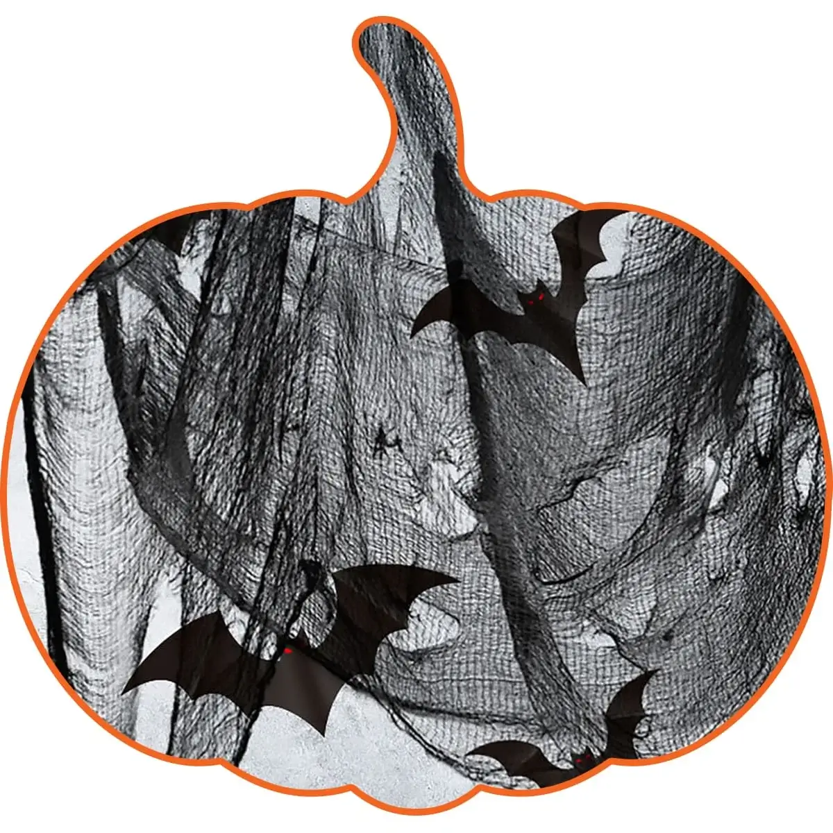Spooky scene with black netting resembling spider webs and black bats with red eyes inside a pumpkin-shaped orange frame.