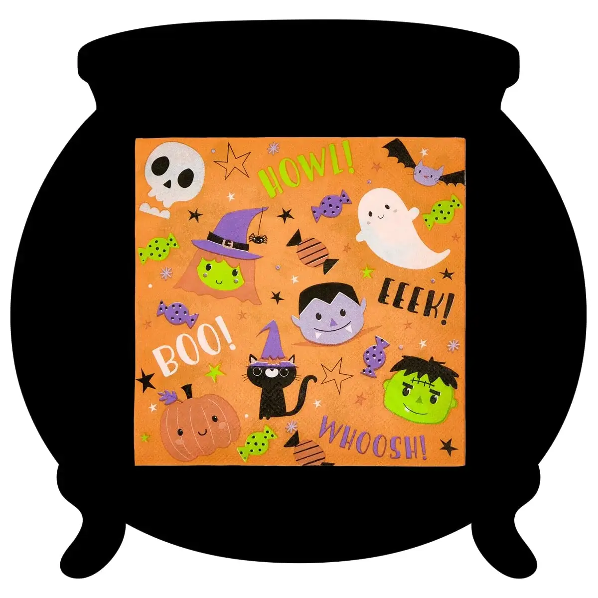 Orange Halloween illustration with cartoon characters like a skull, ghost, vampire, Frankenstein, black cat, pumpkin, and candies, set against a black cauldron-shaped background with words like HOWL!, EEK!, BOO!, and WHOOSH Orange Halloween illustration with cartoon characters like a skull, ghost, vampire, Frankenstein, black cat, pumpkin, and candies, set against a black cauldron-shaped background with words like HOWL!, EEK!, BOO!, and WHOOSH