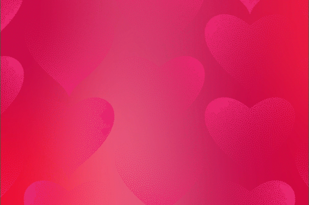 Soft pink and red gradient background with faint heart shapes.

