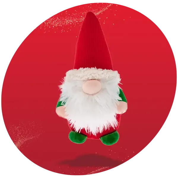 Plush Christmas gonk with a tall red hat, white beard, and green mittens, sitting against a red background with a glitter effect.