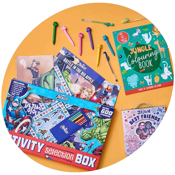 A children’s activity box with Avengers-themed colouring books, stickers, pencils, and craft items arranged on a yellow background alongside a jungle colouring book and decorative pens.