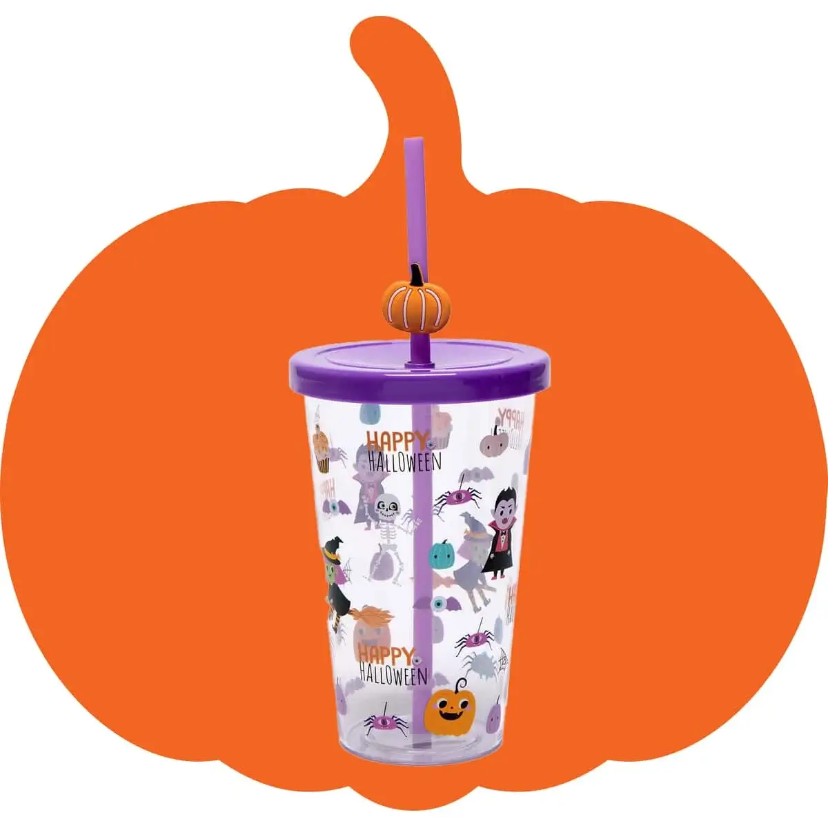 Clear plastic tumbler with a purple lid and straw featuring Halloween characters and Happy Halloween text, set against an orange pumpkin-shaped background.