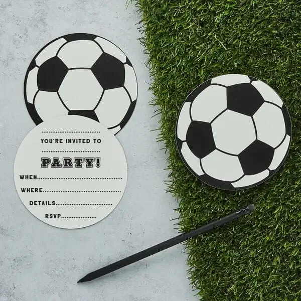 Colourful Party Time invitation card surrounded by party favours, bubble tubes, bracelets, and festive accessories.