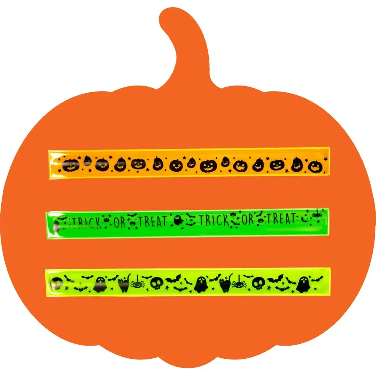 Three Halloween-themed decorative strips with jack-o'-lanterns, trick or treat text, and spooky silhouettes on an orange pumpkin-shaped background.
