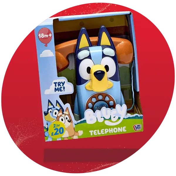 Bluey-themed toy telephone in packaging with Try Me button and 2 for £20 offer, suitable for children aged 18 months and older. Bluey-themed toy telephone in packaging with Try Me button and 2 for £20 offer, suitable for children aged 18 months and older.