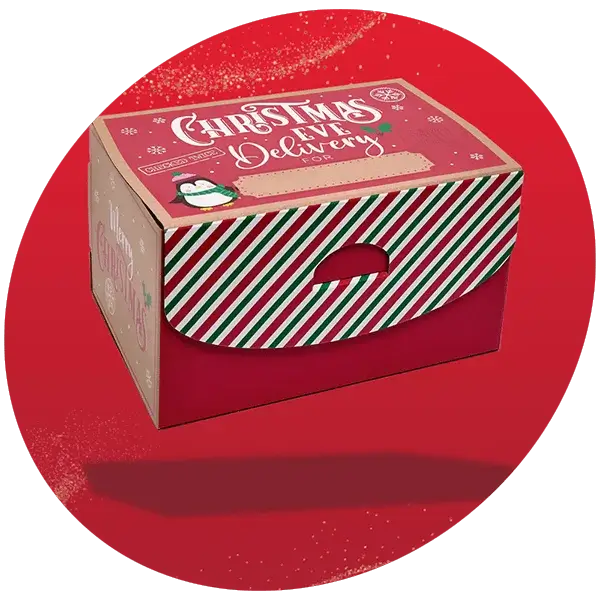 Christmas Eve delivery box with festive red, green, and white stripes, a penguin illustration, and holiday-themed text on the lid, set against a red background with a glitter effect.