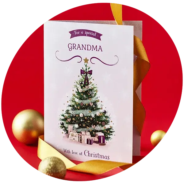 Christmas card for Grandma featuring a decorated tree, presents, and gold ornaments on a red background.
