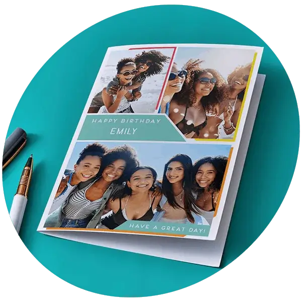 Personalised photo birthday card featuring four picture panels and a Happy Birthday message displayed on a teal background