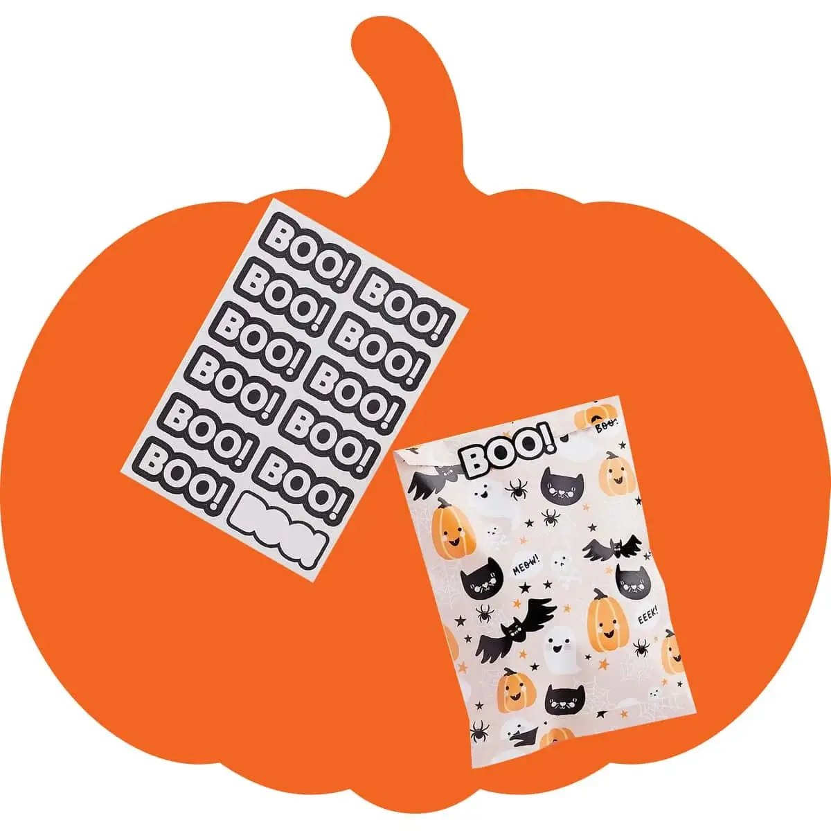 Halloween-themed sticker sheet and treat bag with spooky icons and the word BOO on an orange pumpkin-shaped background.