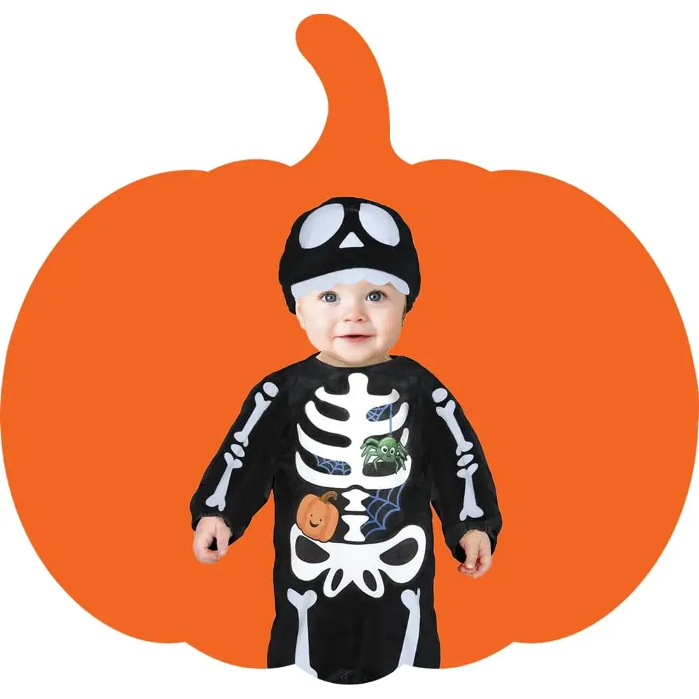 Baby in a black skeleton costume with Halloween-themed decorations, standing in front of a pumpkin-shaped background. Baby in a black skeleton costume with Halloween-themed decorations, standing in front of a pumpkin-shaped background.