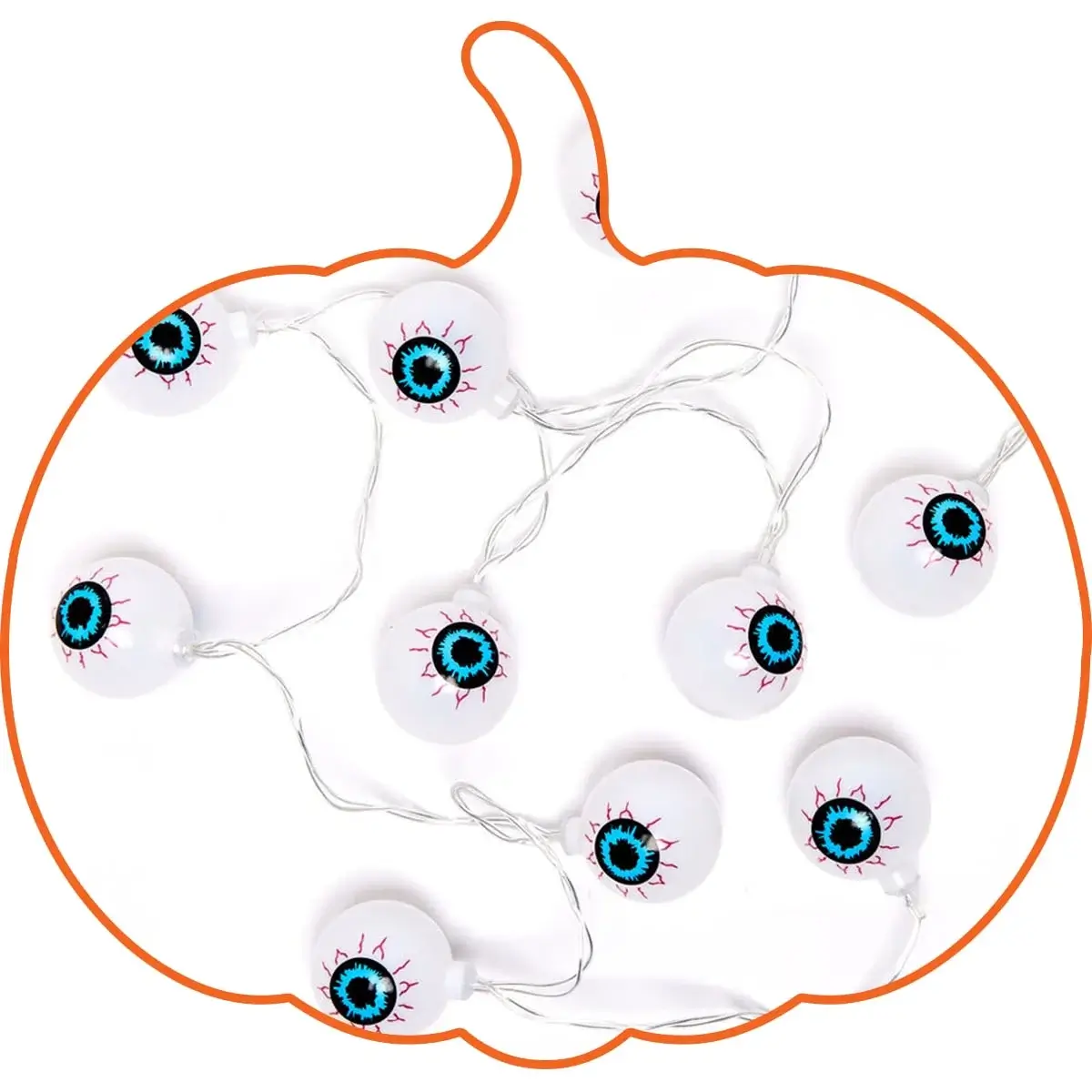 Halloween string lights shaped like eyeballs with blue irises and red veins inside an orange pumpkin outline.