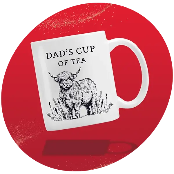 White ceramic mug featuring the text Dads Cup of Tea above an illustration of a Highland cow standing in grass, set against a red background.