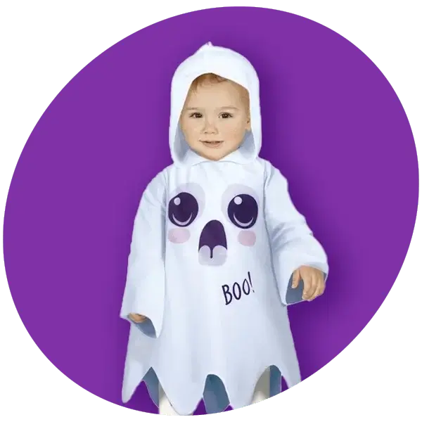A child wearing a white ghost costume with cartoon eyes and the word 