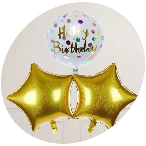 Birthday balloon bouquet featuring a Happy Birthday confetti balloon and two gold star-shaped foil balloons.