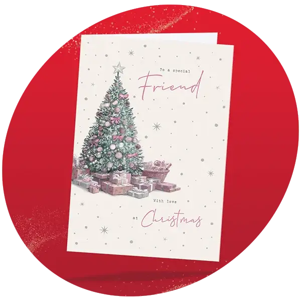 Christmas card featuring a decorated tree and presents on a white background with silver dots, with the text To a special Friend With love at Christmas in red and silver, set against a red circular backdrop with white speckles.
