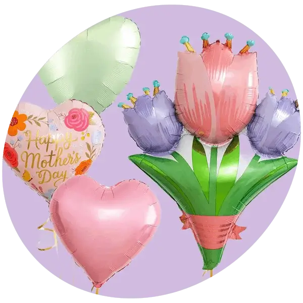 A set of pastel foil balloons, including heart‑shaped designs and a large tulip bouquet balloon, arranged against a soft purple background.