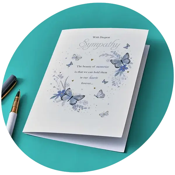 Sympathy card featuring delicate blue butterfly illustrations and a thoughtful message, displayed against a teal background with a pen nearby.