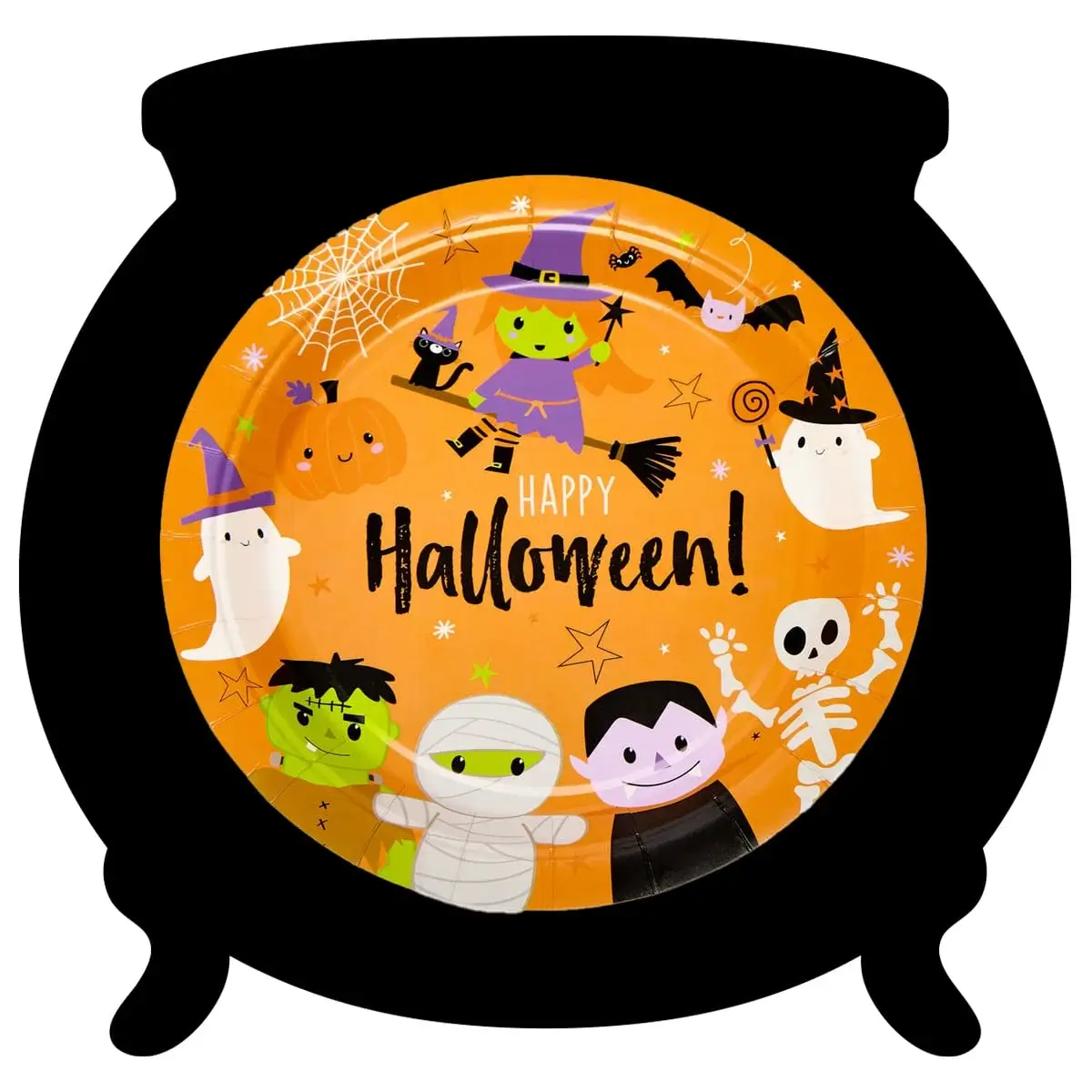 Halloween-themed illustration with a black cauldron featuring an orange circle filled with festive characters like a witch, ghosts, pumpkin, bats, skeleton, Frankenstein, mummy, and Dracula, with 'HAPPY Halloween!' text in the center, surrounded by stars and spider webs. Halloween-themed illustration with a black cauldron featuring an orange circle filled with festive characters like a witch, ghosts, pumpkin, bats, skeleton, Frankenstein, mummy, and Dracula, with 'HAPPY Halloween!' text in the center, surrounded by stars and spider webs.