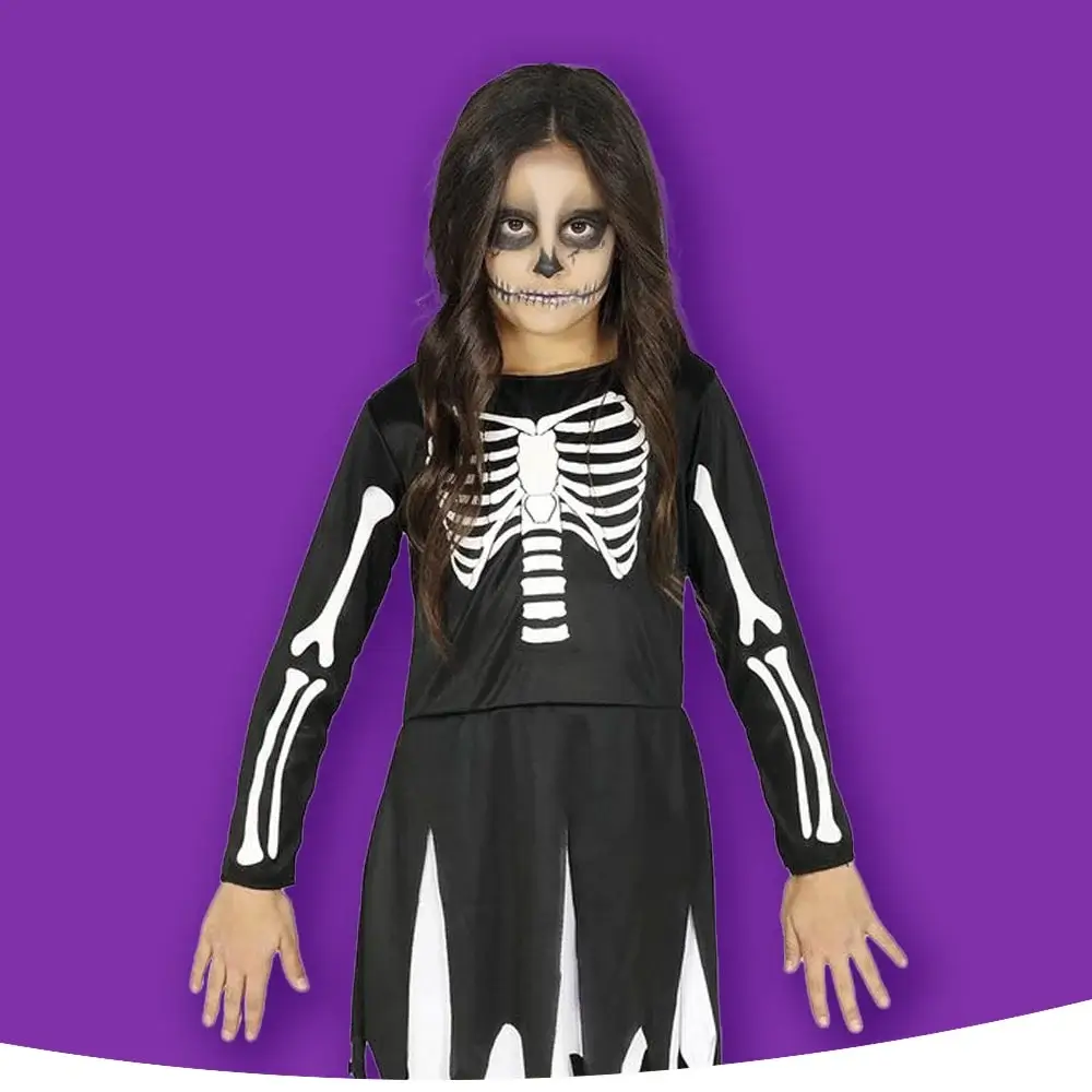 A person in a black skeleton costume with white bone designs and skull face paint, standing against a purple background