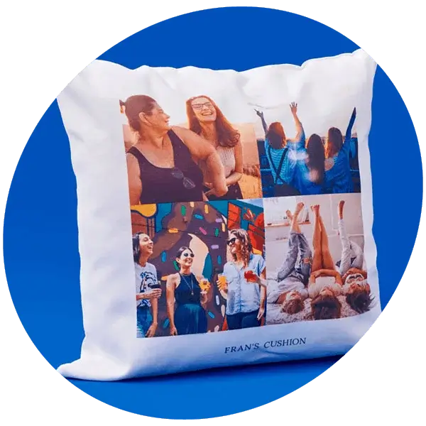A white cushion featuring a four‑photo collage of people in various outdoor and casual scenes, with the text FRAN’S CUSHION printed at the bottom.