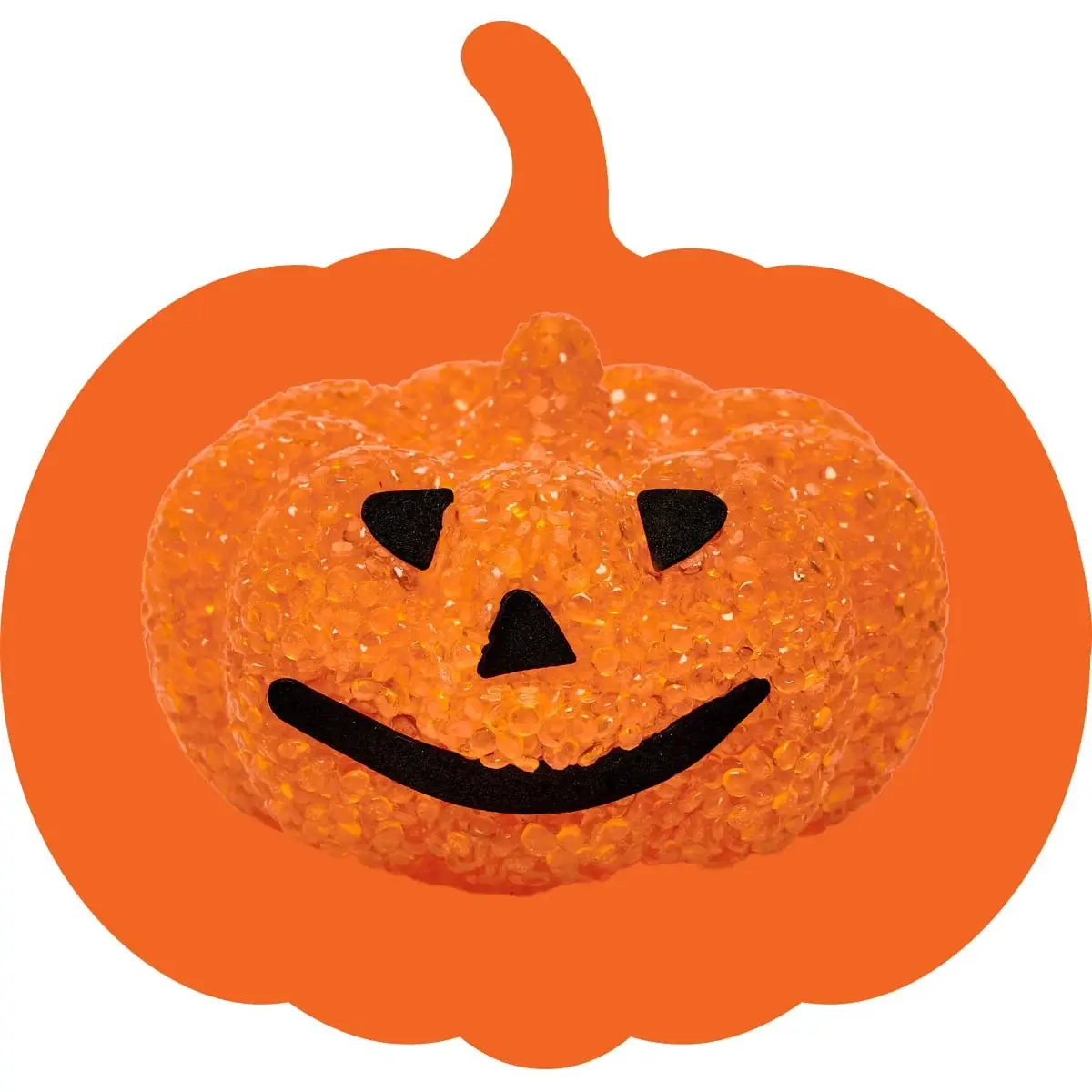 Textured orange pumpkin-shaped decoration with black triangular eyes and nose, and a wide curved smile.
