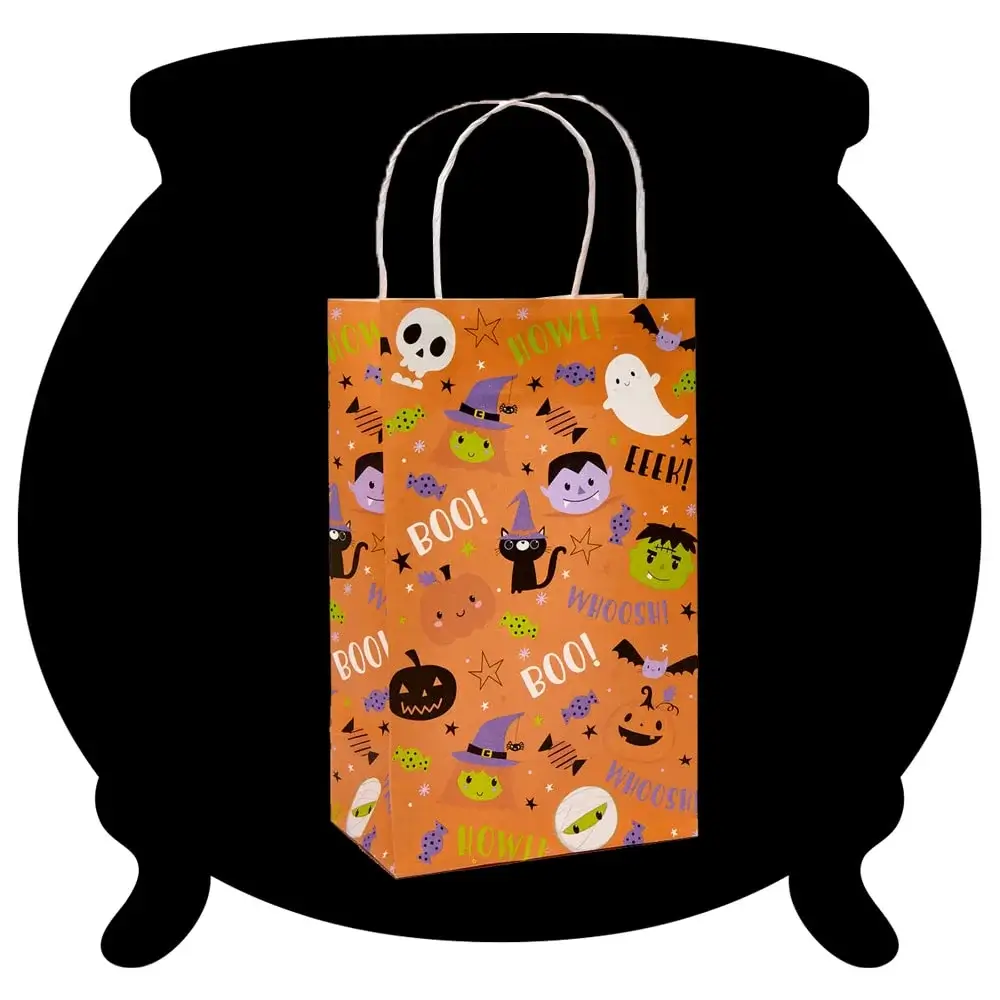 Orange Halloween gift bag with spooky illustrations and phrases, set against a black cauldron-shaped background. Orange Halloween gift bag with spooky illustrations and phrases, set against a black cauldron-shaped background.