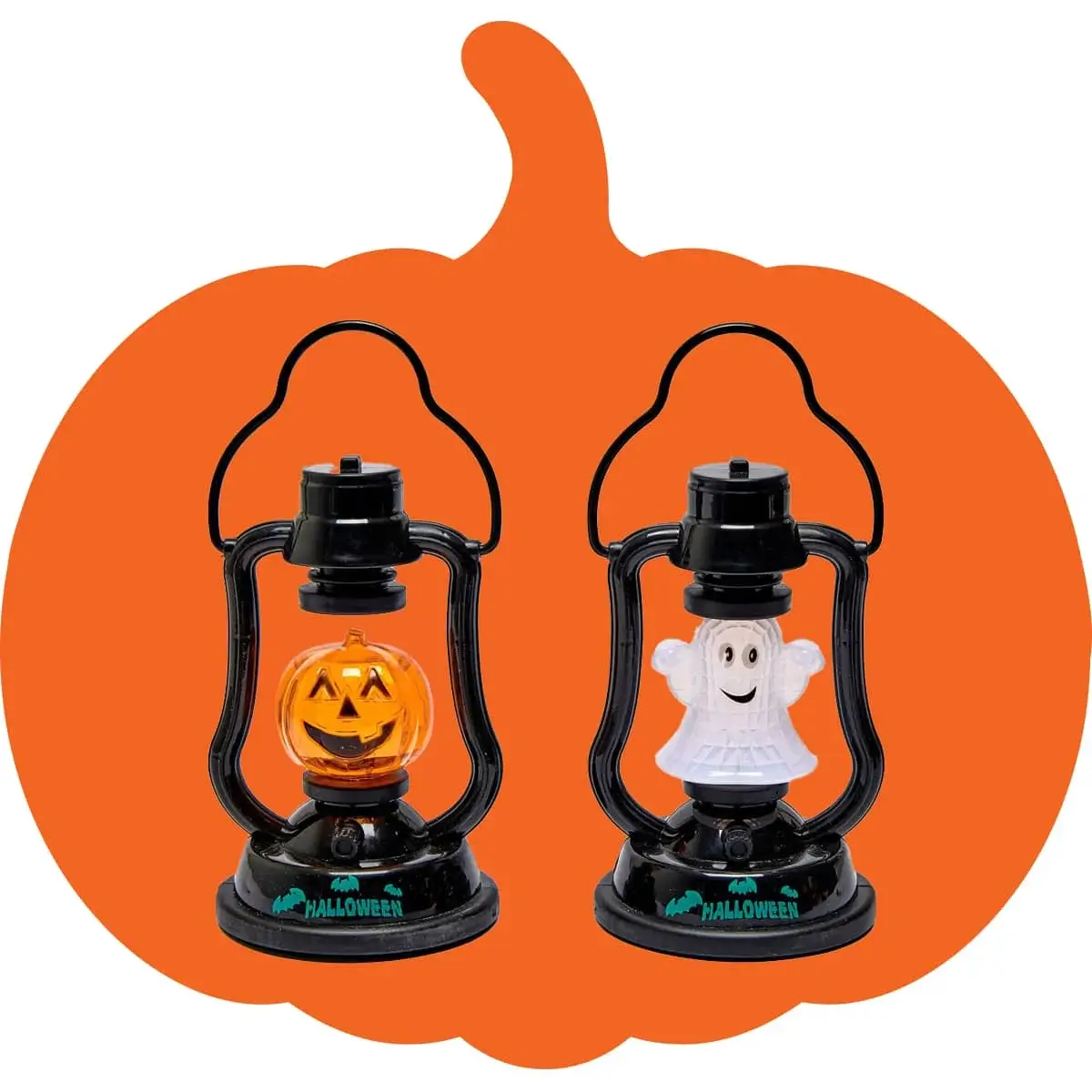 Two Halloween lanterns in front of an orange pumpkin-shaped background, one with a smiling jack-o'-lantern and the other with a happy ghost, both on black bases with green Halloween text and bat graphics. Two Halloween lanterns in front of an orange pumpkin-shaped background, one with a smiling jack-o'-lantern and the other with a happy ghost, both on black bases with green Halloween text and bat graphics.