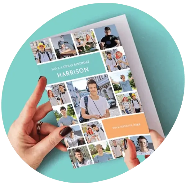 A person holding a colourful photo collage birthday card with multiple travel and outdoor images on a teal background.