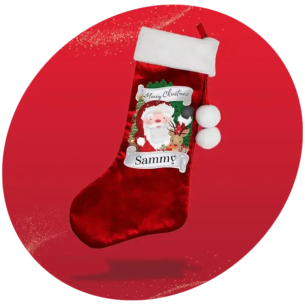 Red Christmas stocking with white cuff and two pom-poms, featuring a Santa and reindeer design with the name Sammy, set against a red background with a glitter effe