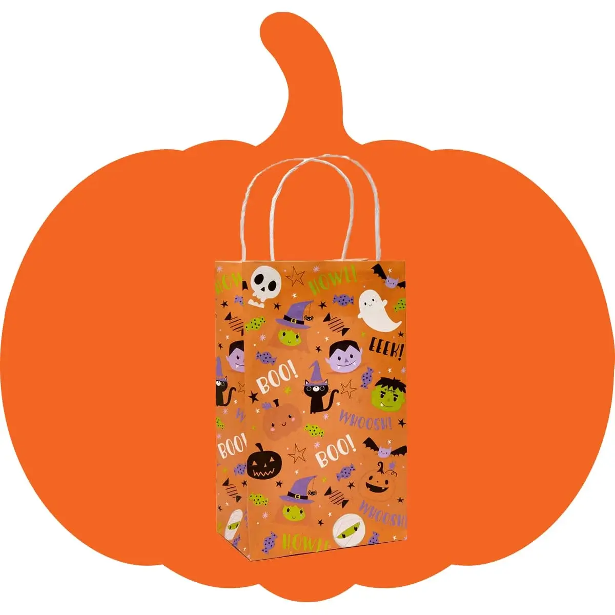 Halloween gift bag with white handles, decorated with ghosts, skulls, witches' hats, black cats, pumpkins, and words like BOO!, EEK!, HOWL!, and WOOOSH! on an orange background, set against a large orange pumpkin silhouette. Halloween gift bag with white handles, decorated with ghosts, skulls, witches' hats, black cats, pumpkins, and words like BOO!, EEK!, HOWL!, and WOOOSH! on an orange background, set against a large orange pumpkin silhouette.
