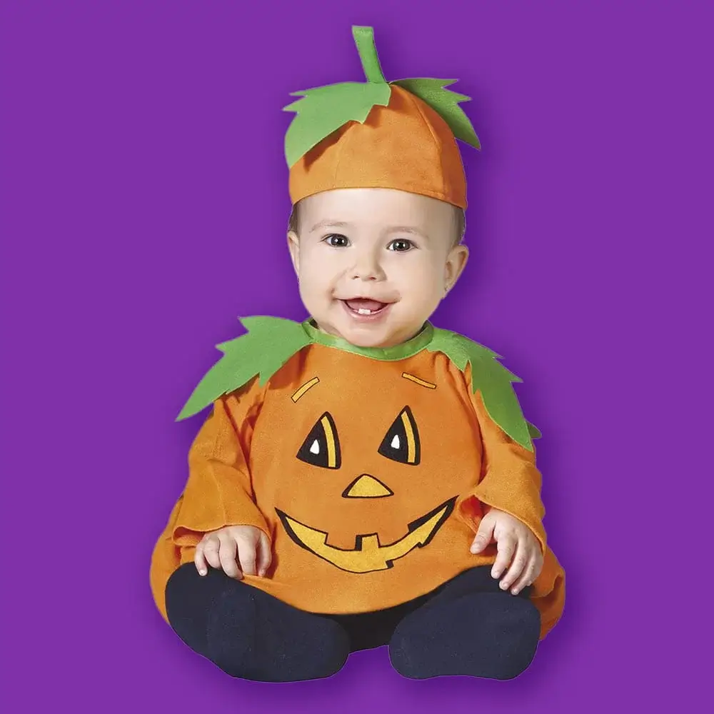 Baby pumpkin Halloween costume featuring an orange jack-o'-lantern outfit and matching pumpkin hat against a purple background.