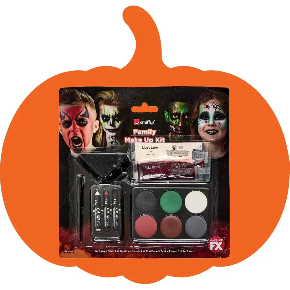 Halloween family makeup kit by Smiffys with face paints, crayons, fake blood, and liquid latex, displayed with example designs on three faces.
