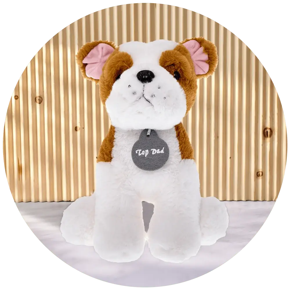 A plush toy dog with a brown and white body, sitting against a wooden background. The dog's face is blurred out, and it has a tag around its neck that reads 'Top Dad' A plush toy dog with a brown and white body, sitting against a wooden background. The dog's face is blurred out, and it has a tag around its neck that reads 'Top Dad'