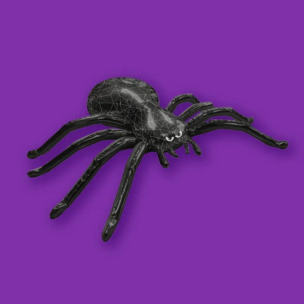 Black spider-shaped Halloween foil balloon with web-pattern detailing and animated eyes against a purple background.